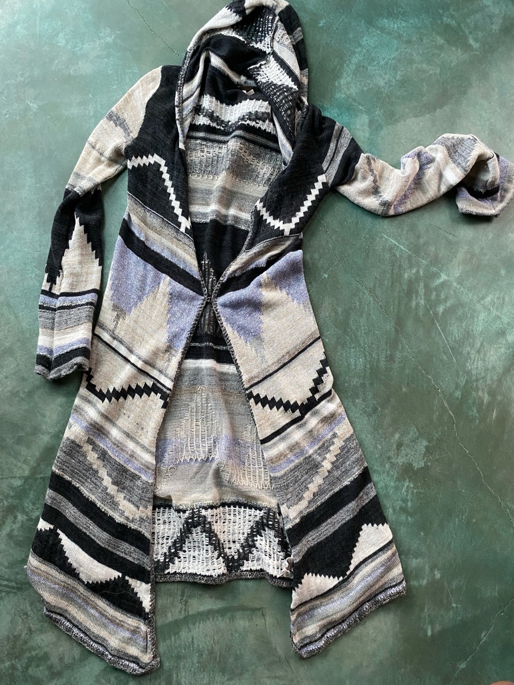 Free People Long Black and Cream Knit Cardigan with Hoodie - Picture 5 of 12